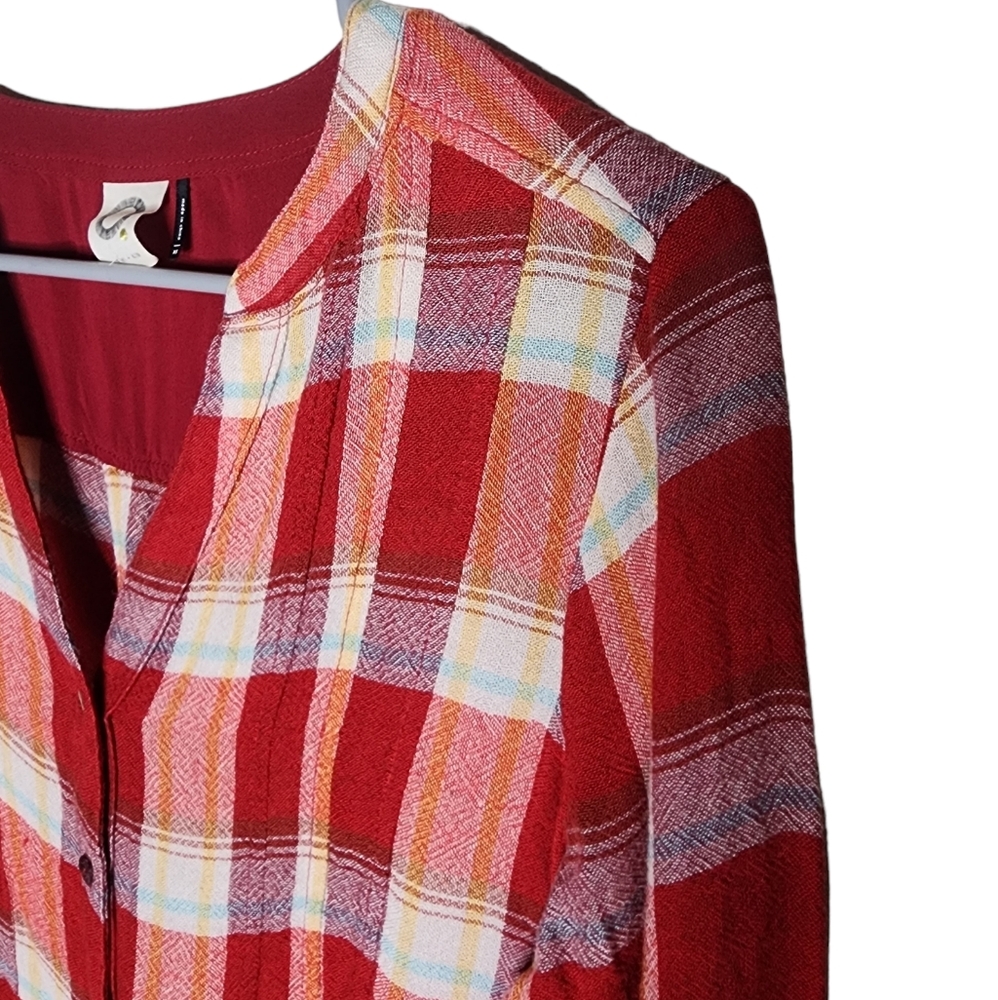 Anthropologie Akemi + Kin Lucie RedPlaid Long boho Tunic Top Blouse, Size XS - Picture 4 of 10